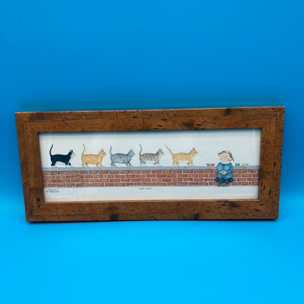 Dianne Patterson Cat Walk Framed Art Print Vintage 16x7 Canadian Folk Art Cats